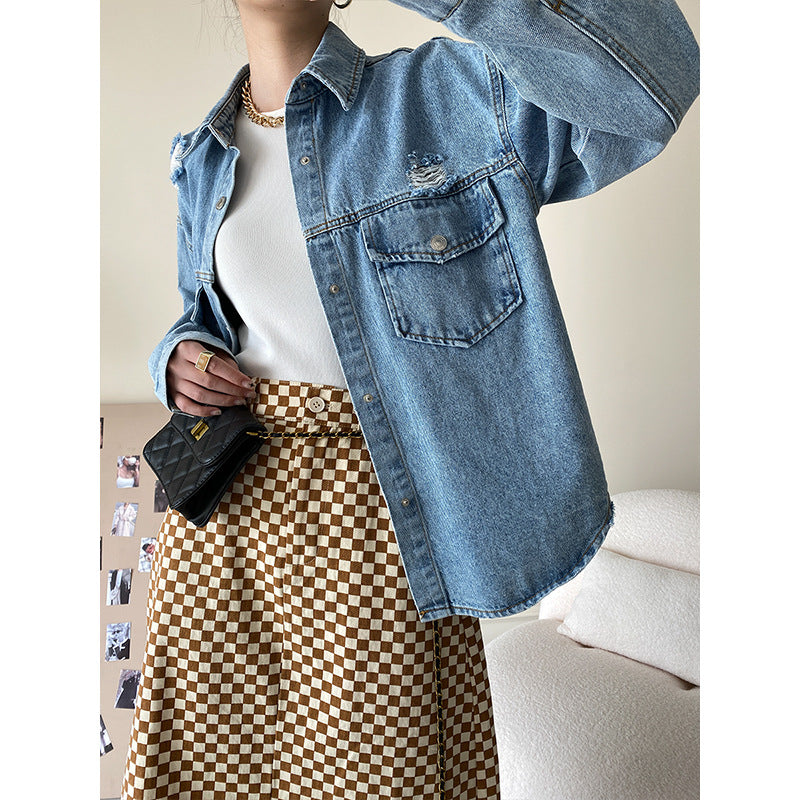 Damen Jeansjacke Used Look Große Taschen Norvielle