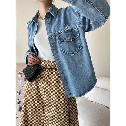 Damen Jeansjacke Used Look Große Taschen Norvielle