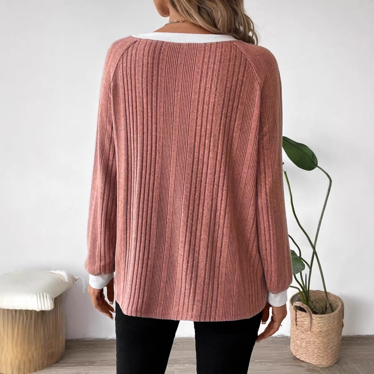 Damen Pullover Lässig Rippenstrick Kontrastbesatz Norvielle