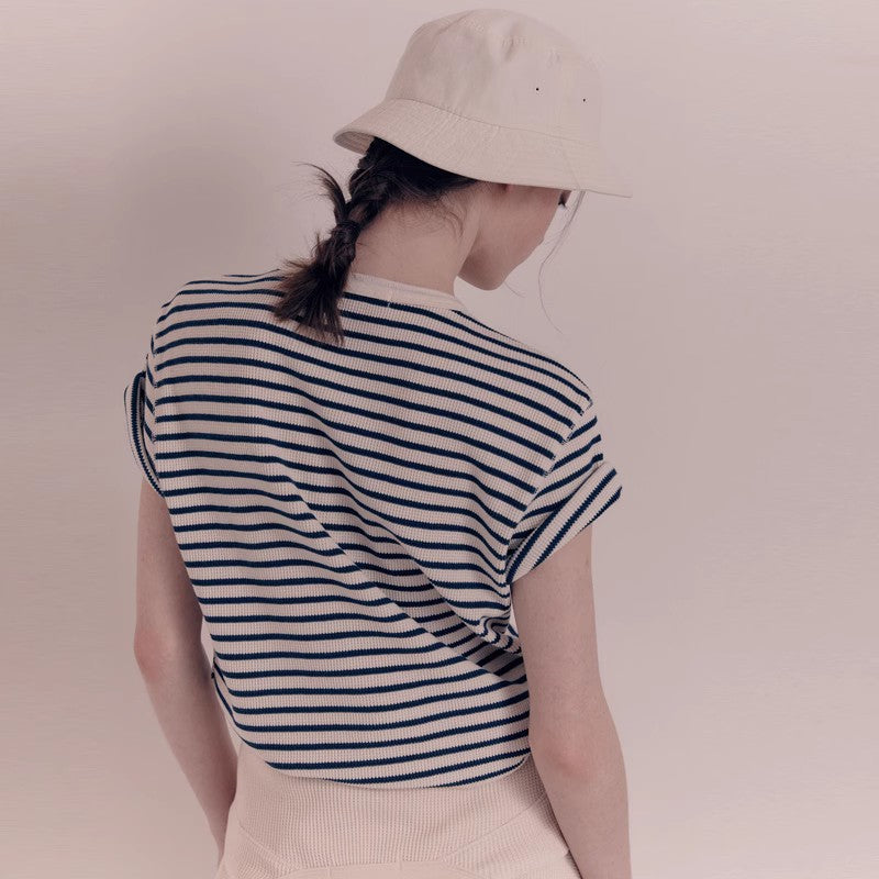 Damen Kurzarmshirt Gestreift Knopfleiste /Weiß