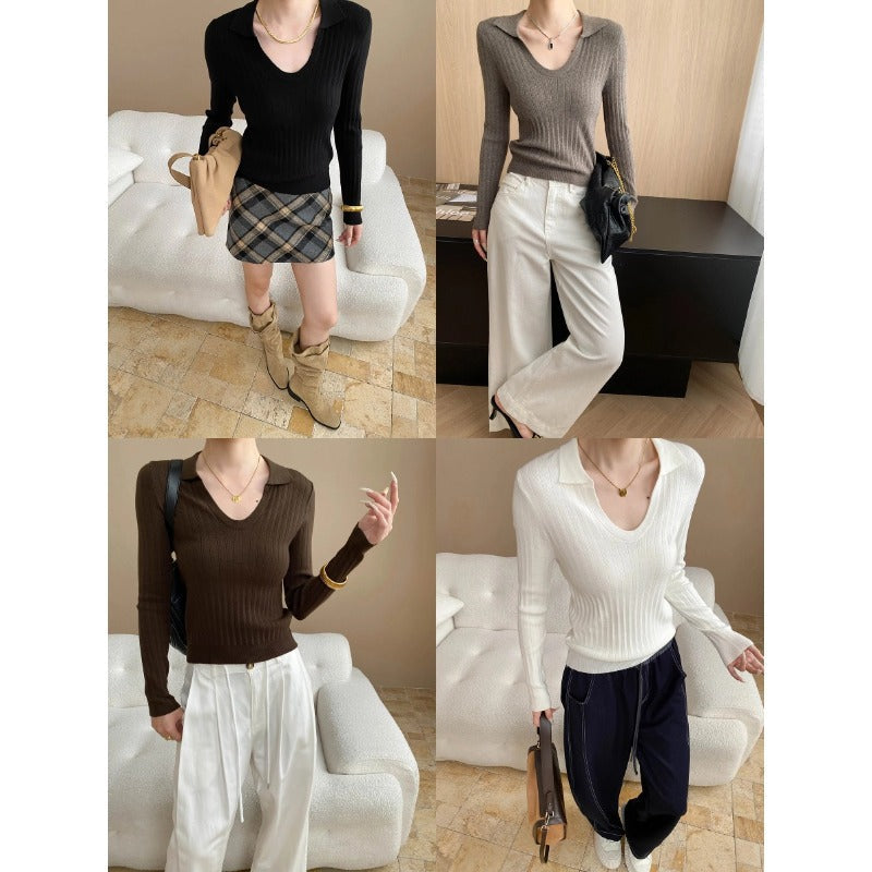 Damen Rippstrickpullover V-Ausschnitt Lang Norvielle