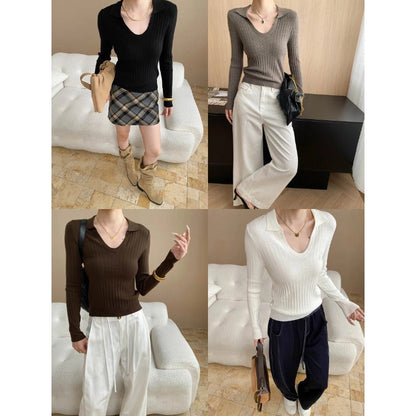 Damen Rippstrickpullover V-Ausschnitt Lang Norvielle