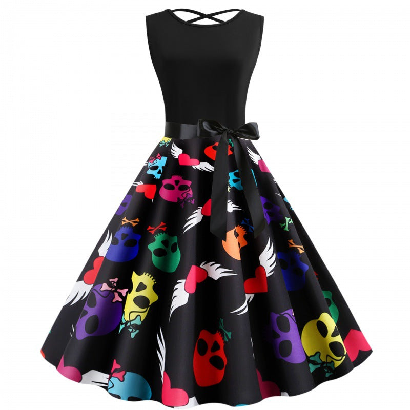 Damen Swingkleid Totenkopf-Design Bindegürtel Bunt