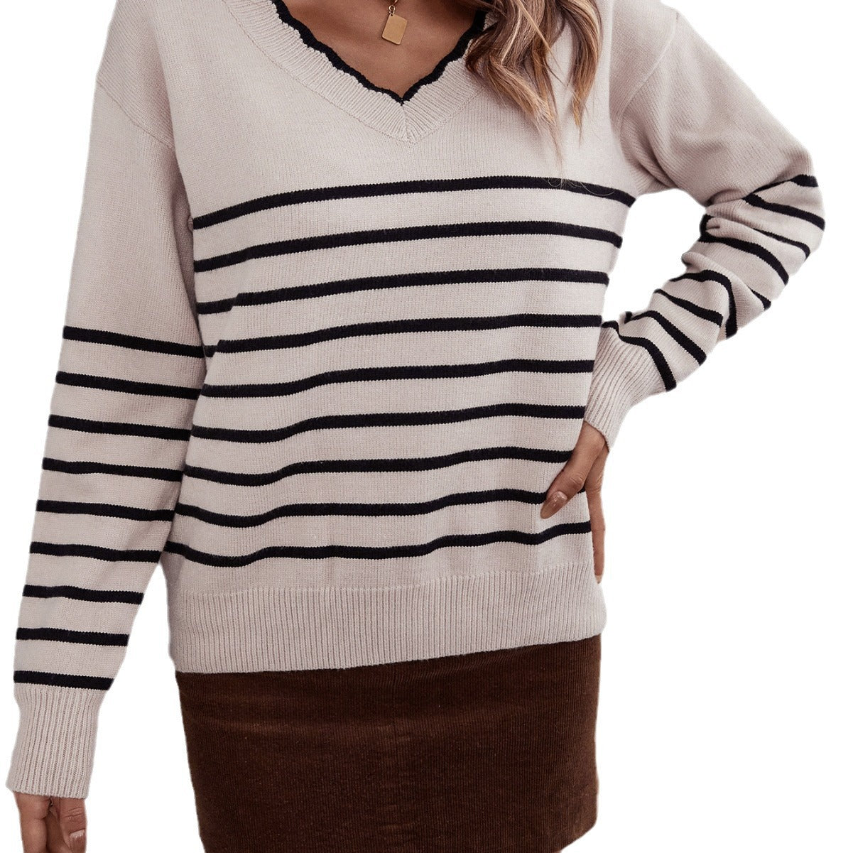 Damen V-Pullover Streifenmuster Norvielle