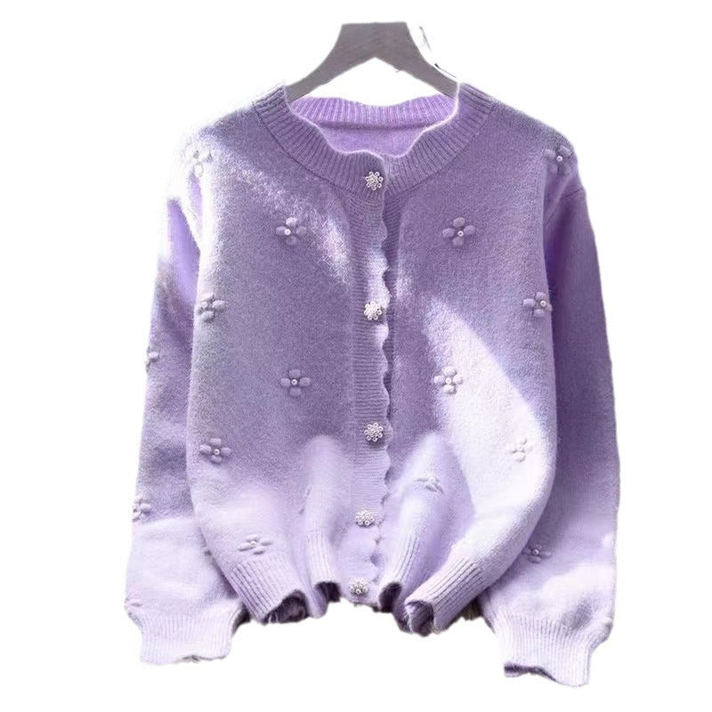 Damen Strickjacke Kuschelig Blumenapplikationen Norvielle