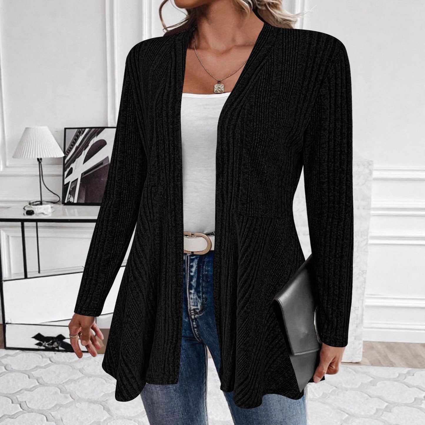 Damen Strickjacke Lang Rippmuster Tailliert Beige