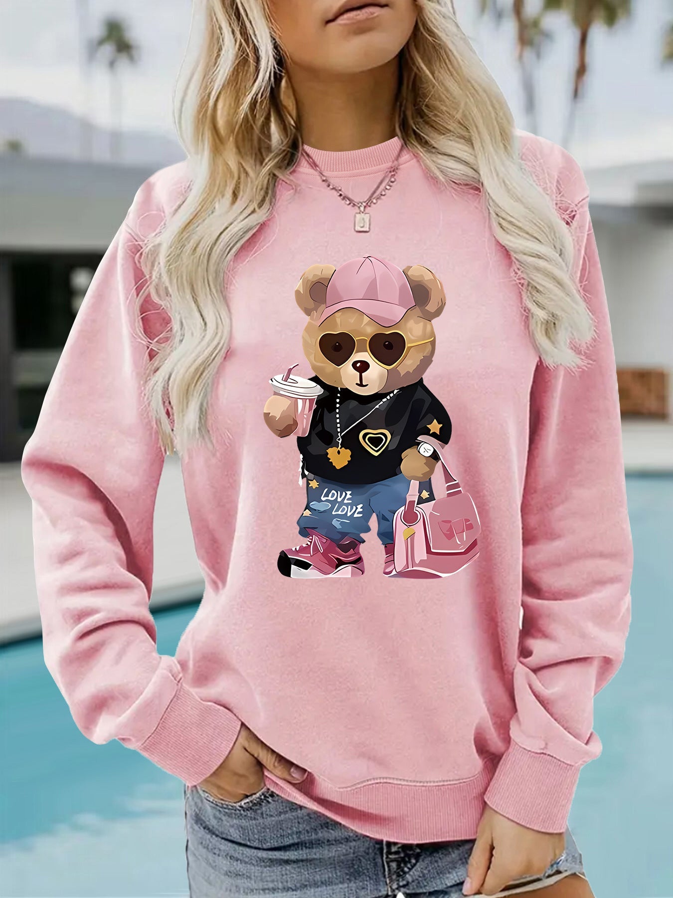 Damen Sweatshirt Cartoon Bär Motiv Weiß