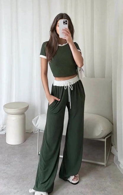 Damen Loungewear-Set Cropped Oberteil Weite Hose Norvielle