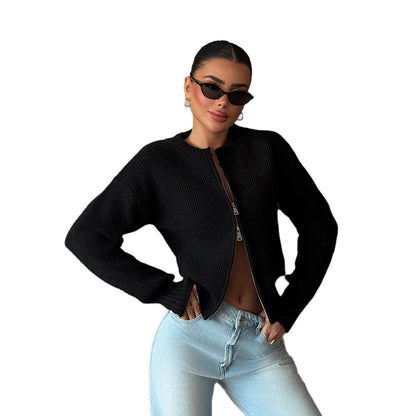 Damen Strickjacke Reißverschluss Breite Bündchen