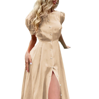 Damen Maxikleid mit Knöpfen und Seitenschlitz