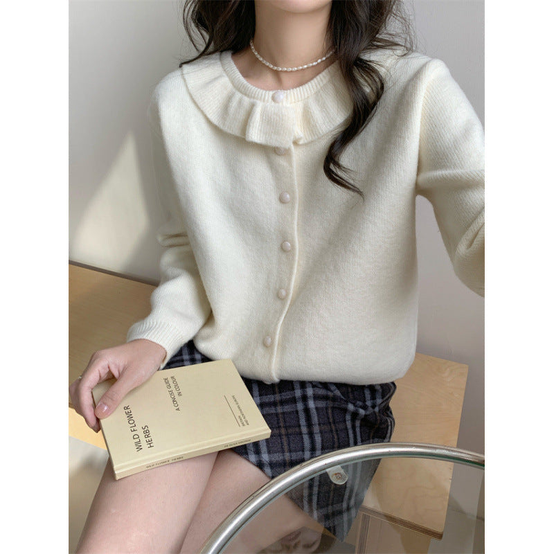 Damen Strickpullover Romantischer Rüschenkragen Feine Knöpfe Norvielle