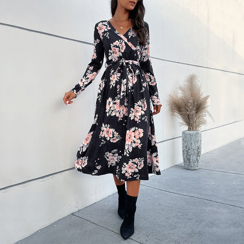 Damen Wickelkleid Florale Rüschen Elegante Ärmel Schwarz - Norvielle