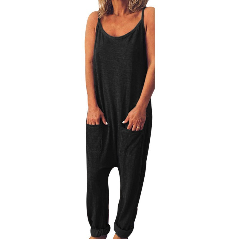 Damen Jumpsuit mit Taschen Spaghettiträgern Beige Norvielle