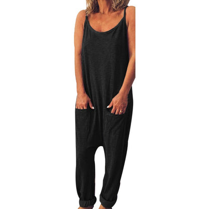 Damen Jumpsuit mit Taschen Spaghettiträgern Beige Norvielle