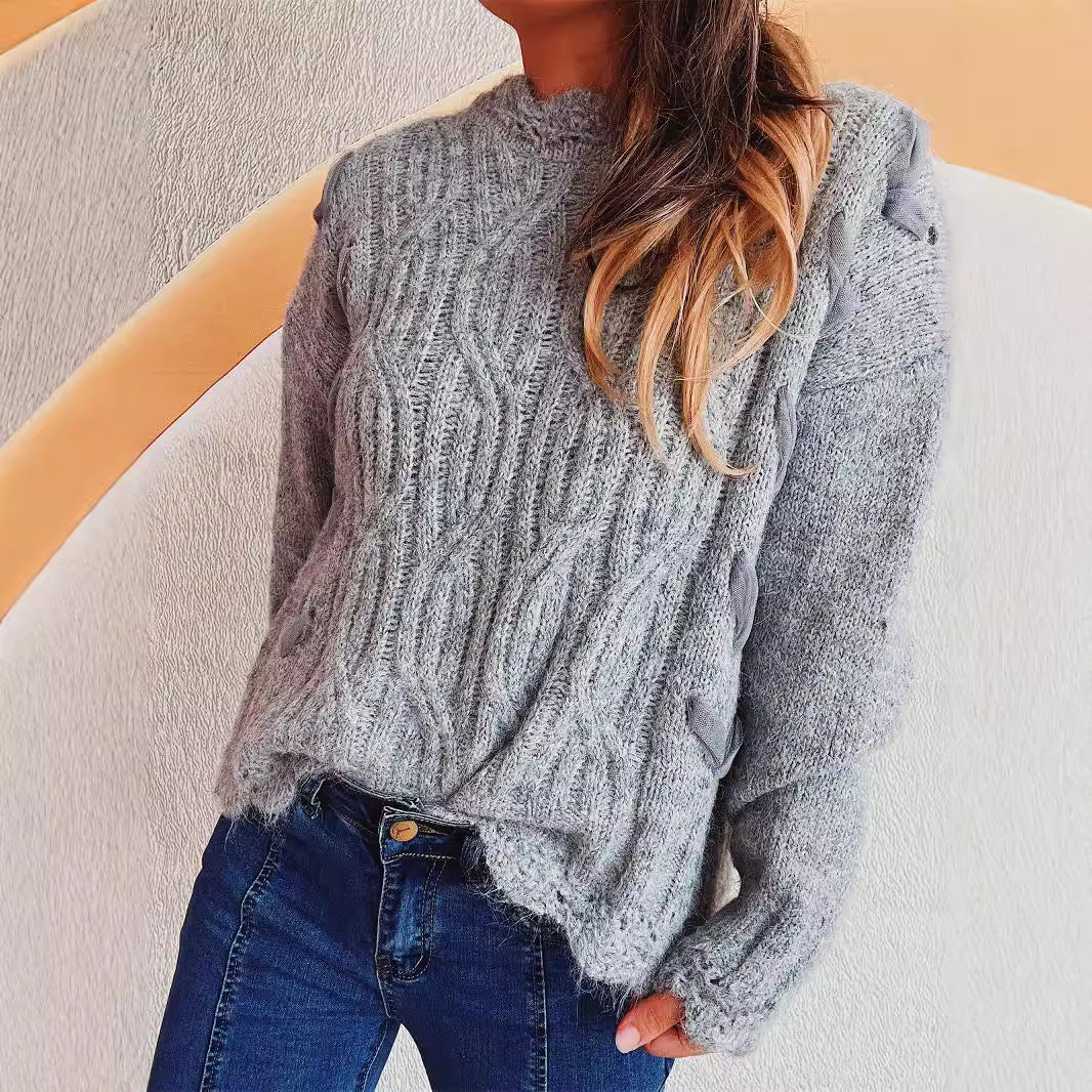 Damen Grobstrickpullover Zopfmuster Schneeflocken Applikationen