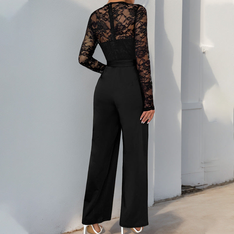 Damen Jumpsuit Spitzenoberteil Taillengürtel Norvielle