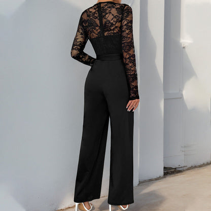 Damen Jumpsuit Spitzenoberteil Taillengürtel Norvielle