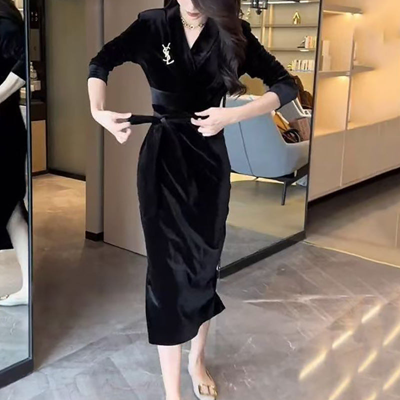 Damen Langarmkleid Wickeldesign Rüschensaum
