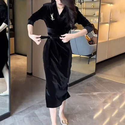 Damen Langarmkleid Wickeldesign Rüschensaum