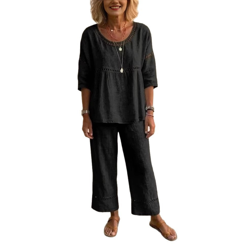 Damen Loungewear Anzug Leinen Luftig Spitze Beige