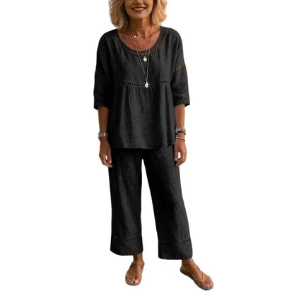 Damen Loungewear Anzug Leinen Luftig Spitze Beige