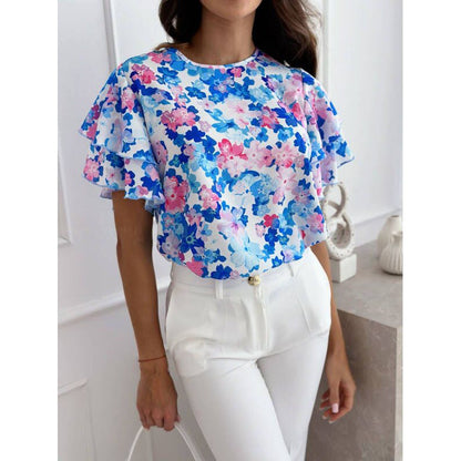 Damen Bluse Voluminöse Rüschensäume Floraler Druck