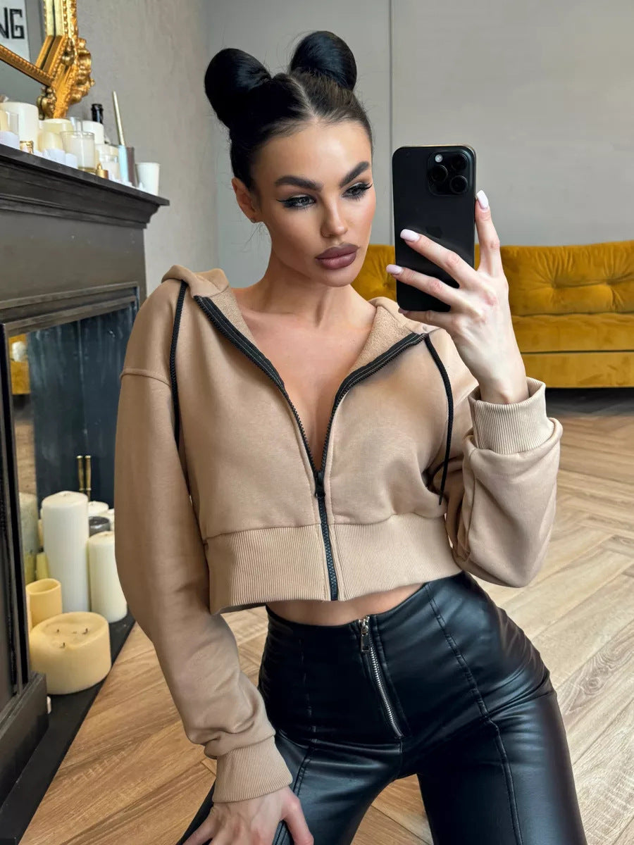 Damen Cropped Kapuzenpullover Modern Reißverschluss Lässig