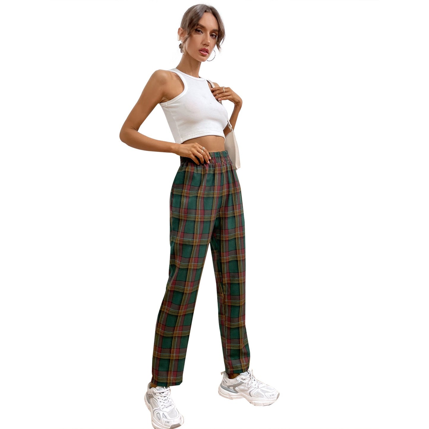 Damen Karohose Elastischer Bund Schmal