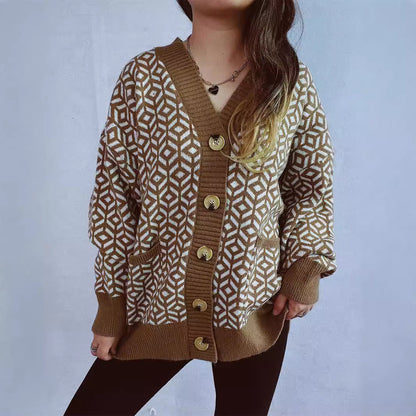 Damen Strickjacke Geometrisches Muster Goldton Norvielle