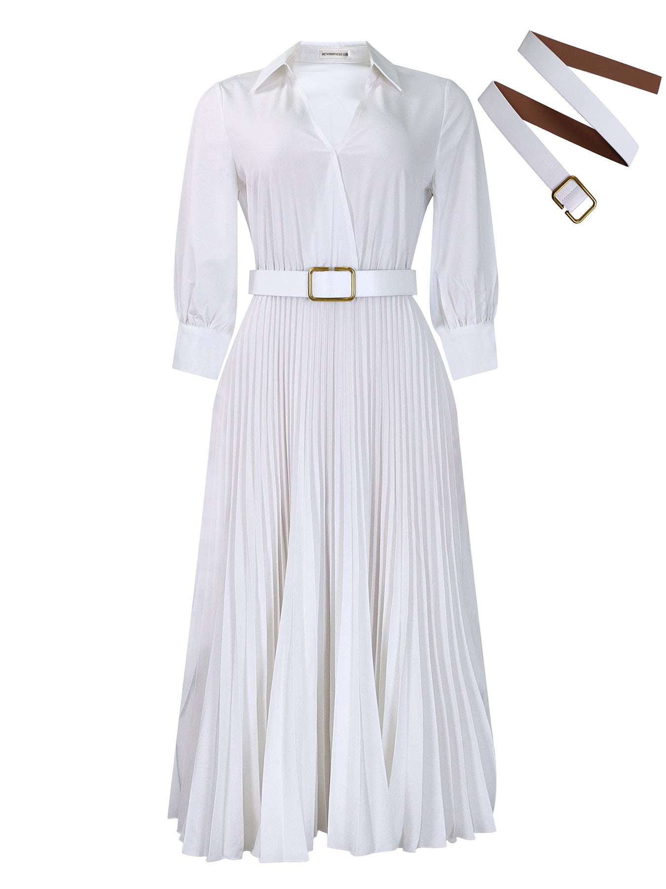 Damen Maxi-Kleid Plissee mit Taillengürtel und Knopfkragen