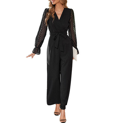 Damen Jumpsuit mit transparenten Ärmeln Taillengürtel Norvielle
