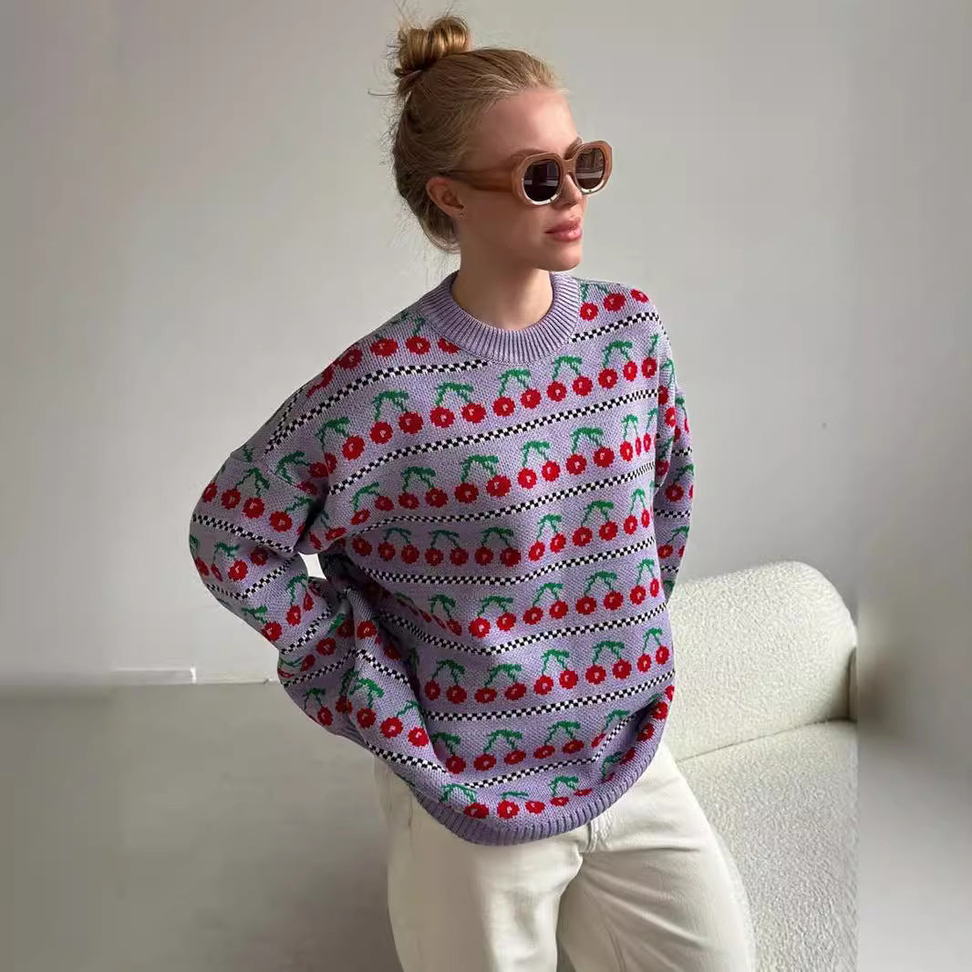 Damen Strickpullover Kirschmotiv Norvielle