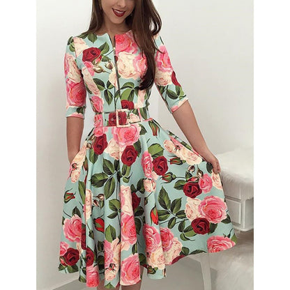 Damen Midikleid Floralmuster Mit Taillengürtel