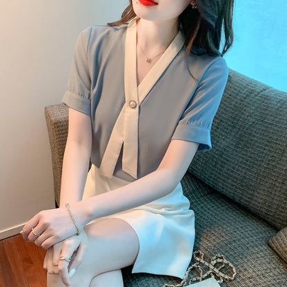 Damen Bluse Eleganter Wellenkragen Knopfdesign Weiß