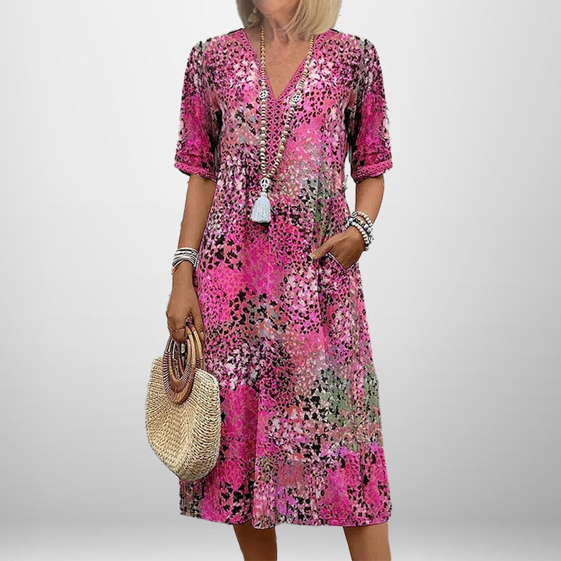 Damen Tunika-Kleid mit Muster V-Ausschnitt