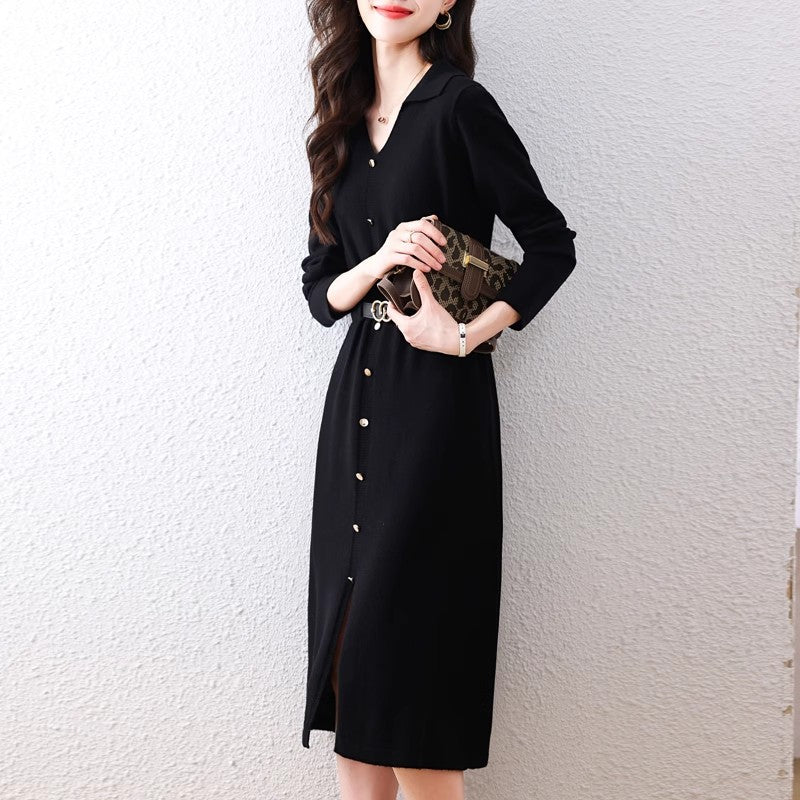 Damen Elegantes Midi-Kleid Knöpfe Tailliert