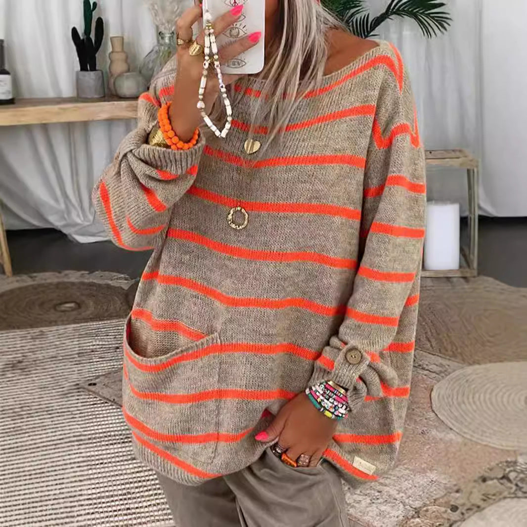 Damen Strickpullover Langer Ärmel Große Taschen Norvielle - Norvielle