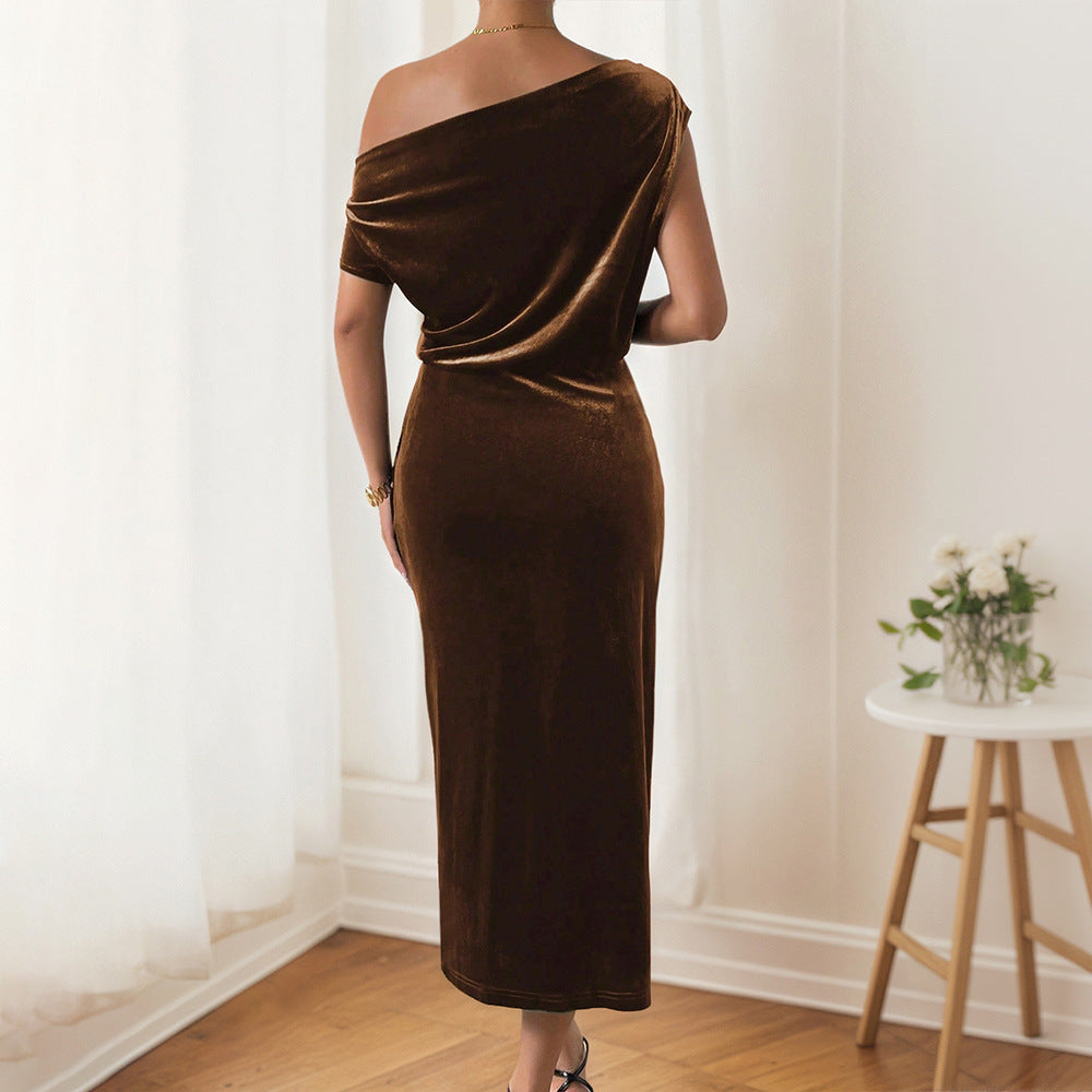 Damen Maxikleid Schulterfrei Samt