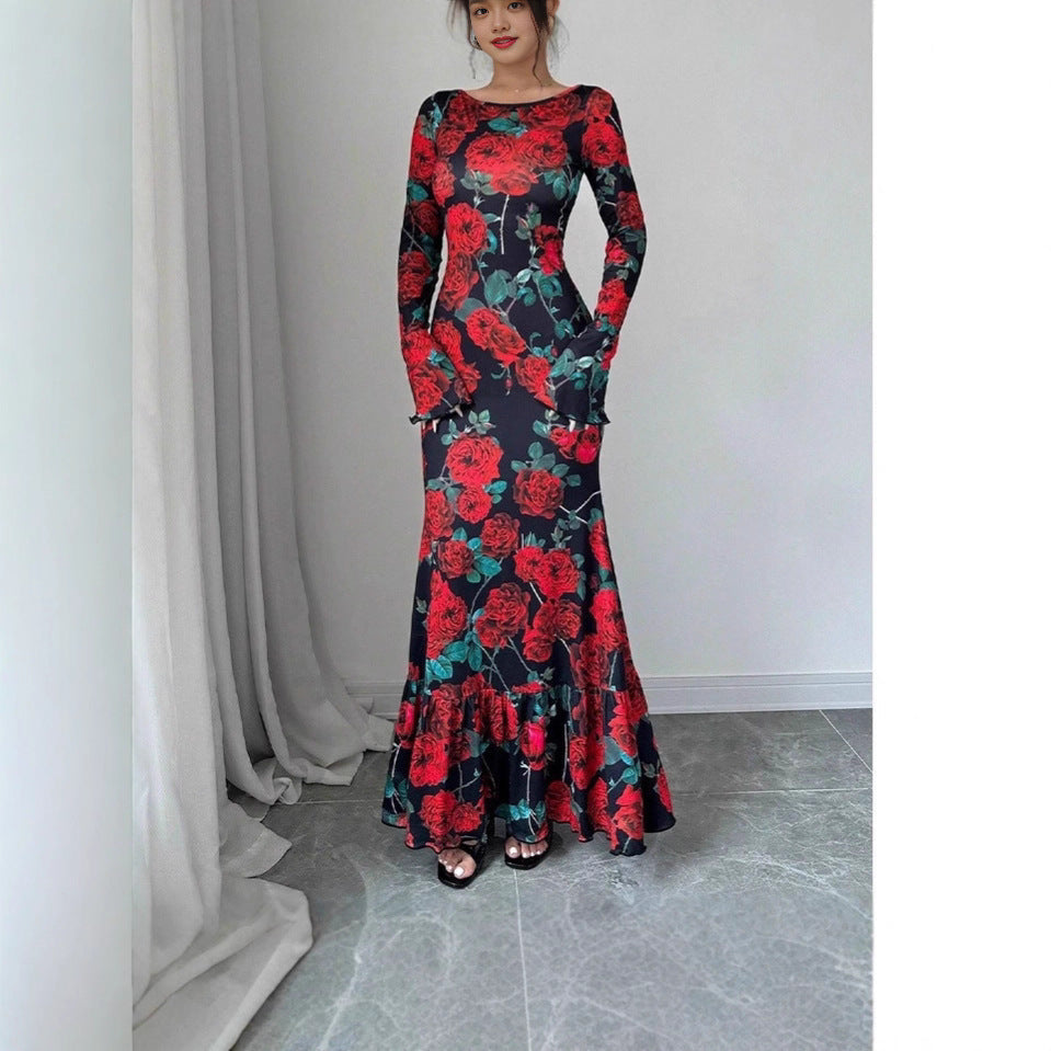 Damen Maxikleid mit Rüschendetails Langarm Floral