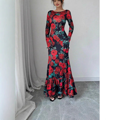 Damen Maxikleid mit Rüschendetails Langarm Floral