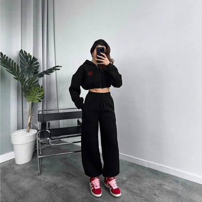 Damen Sportliches Hoodie-Set mit lockerer Hose Cropped