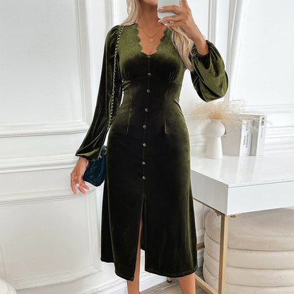 Damen Maxikleid V-Ausschnitt Knopfleiste