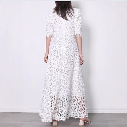 Damen Maxikleid mit Blumenmuster und Spitzenkragen Elegant
