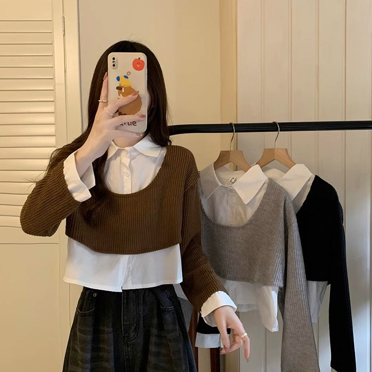 Damen Strickpullover mit Hemd Cropped Baumwolle Weiß
