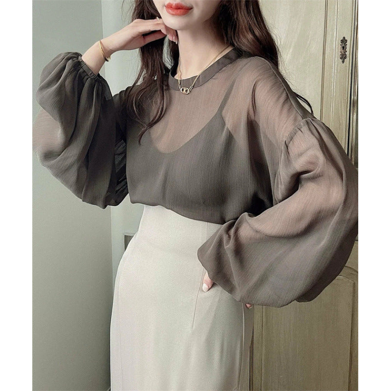 Damen Bluse Rundhalsausschnitt Voluminöse Ärmel Elegantes Design