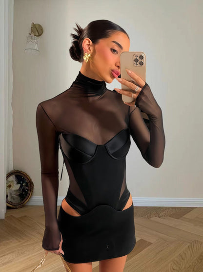 Damen Kleid Figurbetonter Stil Transparente Einsätze Rautenförmige