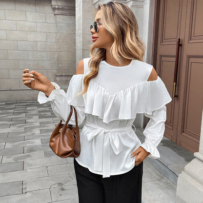Damen Bluse Rüschendetails Taillenbindegürtel Norvielle