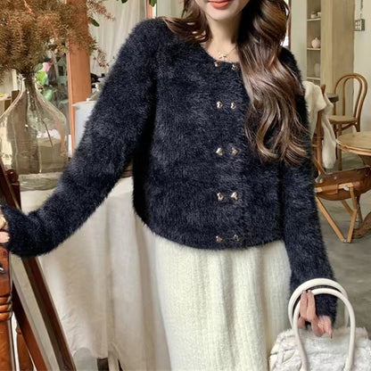 Damen Strickjacke Flauschig mit goldenen Knöpfen Norvielle