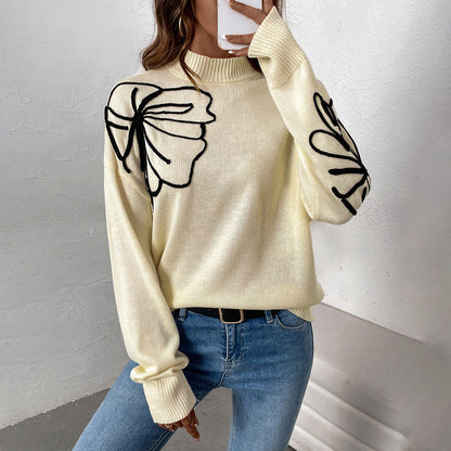 Damen Strickpullover Florales Design Hochkragen