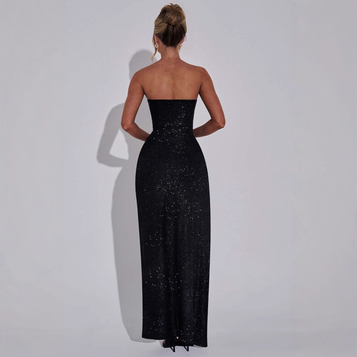 Damen Strapless Maxikleid Schimmerstoff Eleganter Beinschlitz